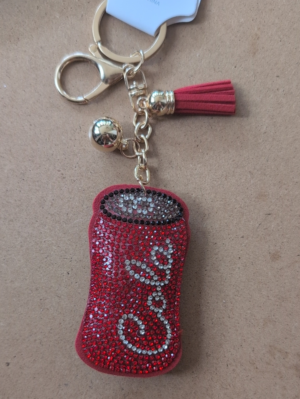 Red Rhinestone 'Cola' Bottle Keychain Bag Charm with Tassel